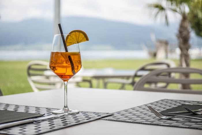 View of Lake Neuchâtel from Cheyres restaurant terrace